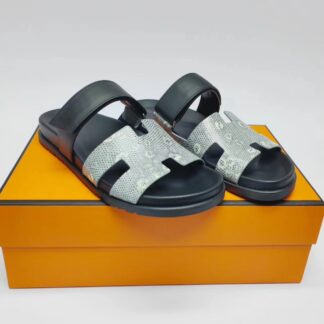 Hermès Couple Braided Black and Grey Slippers