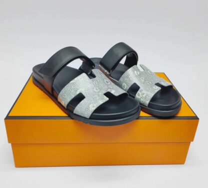 Hermès Couple Braided Black and Grey Slippers