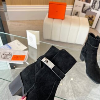 Hermès Classic Black Silver Buckle Suede Biker Boots