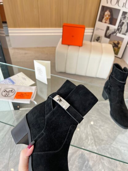 Hermès Classic Black Silver Buckle Suede Biker Boots