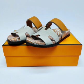 Hermès classic gray-brown couple woven slippers