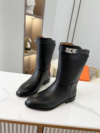 Hermès classic black silver buckle fashion ankle boots