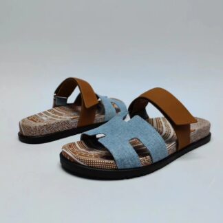 Hermès classic blue-brown couple woven slippers
