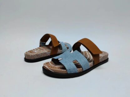 Hermès classic blue-brown couple woven slippers