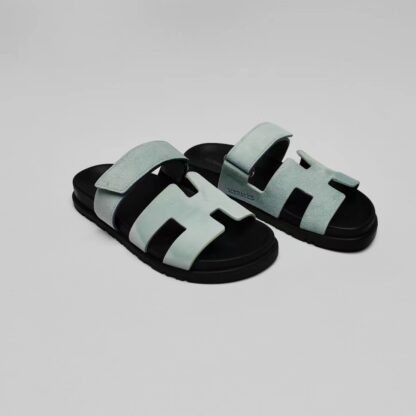 Hermès classic blue-grey couple woven slippers