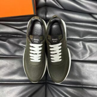 Hermes leather mesh breathable dark green high-end temperament casual shoes