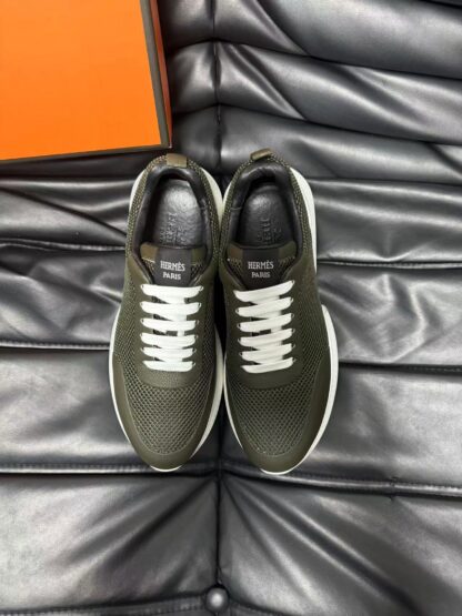 Hermes leather mesh breathable dark green high-end temperament casual shoes