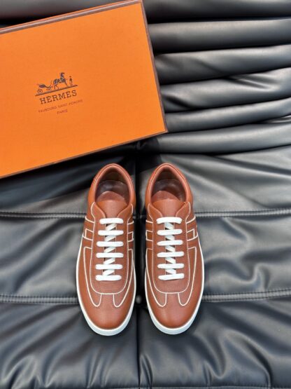 Hermes men's soft and light white and brown low-top casual sneakers