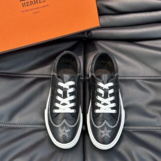 Hermes men's comfortable cowhide black and white low-top casual sneakers