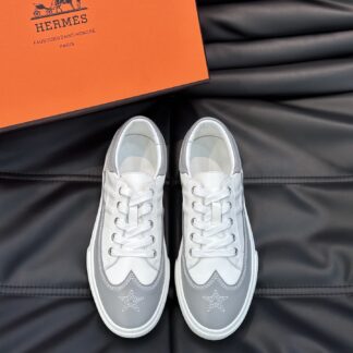 Hermes men's comfortable cowhide white and gray low-top casual sneakers