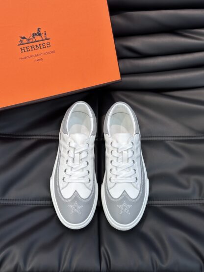 Hermes men's comfortable cowhide white and gray low-top casual sneakers