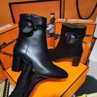 Hermès classic autumn and winter black chunky heel elegant ankle boots