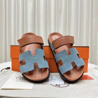 Hermès classic blue apricot couple woven slippers