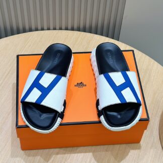 Hermès men's ultra-light and comfortable white and blue color matching slippers