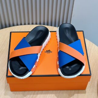Hermès Men's Blue and Orange Cross-Color Ultra-Lightweight and Comfortable Slippers