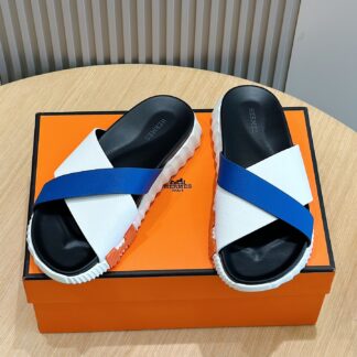 Hermès men's white and blue color matching cross ultra-light and comfortable slippers