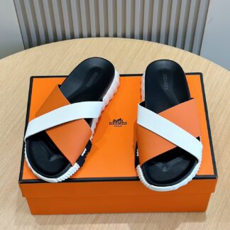 Hermès men's white and orange color matching cross ultra-light and comfortable slippers
