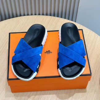 Hermès Men's Dark Blue Cross Ultra Light Comfort Slippers