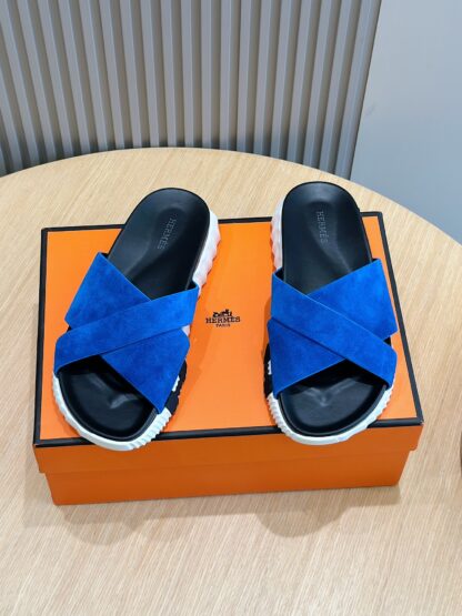 Hermès Men's Dark Blue Cross Ultra Light Comfort Slippers