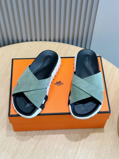 Hermès Men's Light Green Cross Ultra Light Comfort Slippers