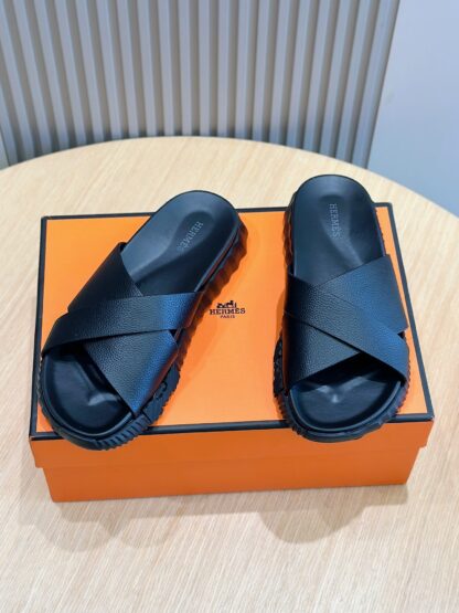 Hermès Men's Pure Black Cross Ultra Lightweight Comfort Slippers