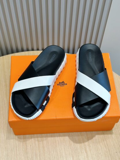 Hermès white and black men's cross-over ultra-light and comfortable slippers