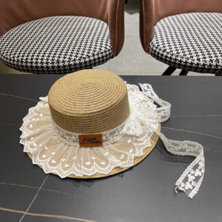 Dior lace bow flat top straw hat