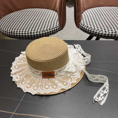 Dior lace bow flat top straw hat