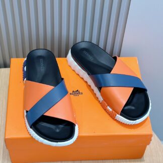 Hermès orange and blue color matching men's cross ultra-light and comfortable slippers