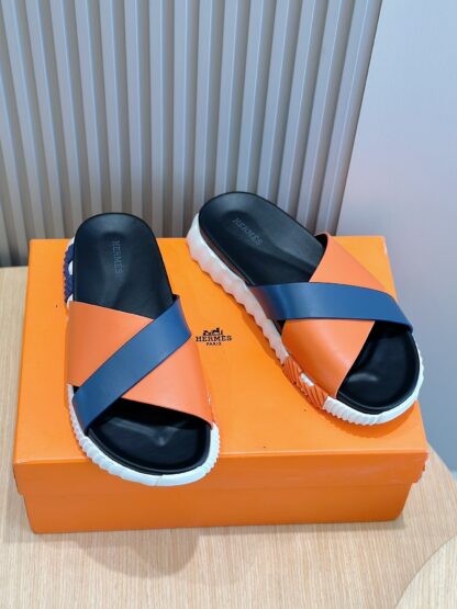 Hermès orange and blue color matching men's cross ultra-light and comfortable slippers