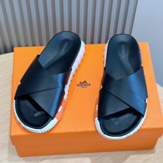 Hermès black and blue color matching men's cross ultra-light and comfortable slippers