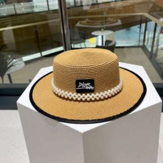 Dior Fashion Pearl Straw Hat Simple Basin Hat