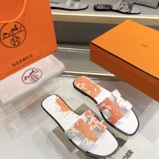 Hermès early spring new white and orange color matching pure handmade slippers