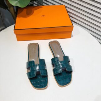 Hermès summer versatile blue-green flat slippers