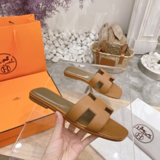 Hermès summer versatile classic palm pattern brown flat slippers