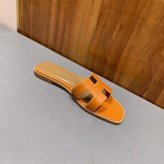 Hermès Orange Classic Litchi Leather Handmade Flat Slippers