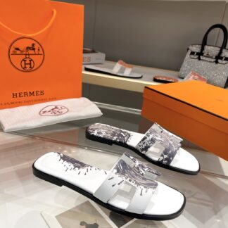 Hermès early spring new white printed pure handmade flat slippers