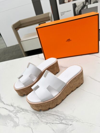 Hermès early spring new white pure handmade thick-soled platform slippers
