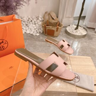 Hermès Palm Print Summer Classic Cowhide Pink Flat Slippers