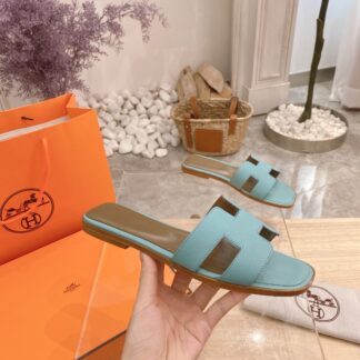 Hermès Palm Print Summer Classic Cowhide Light Blue Flat Slippers