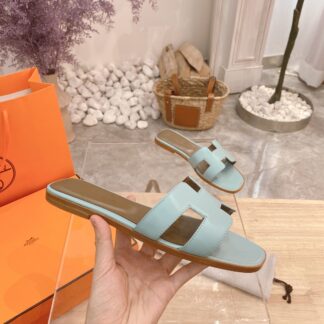Hermès Palm Print Summer Classic Cowhide Light Blue Flat Slippers