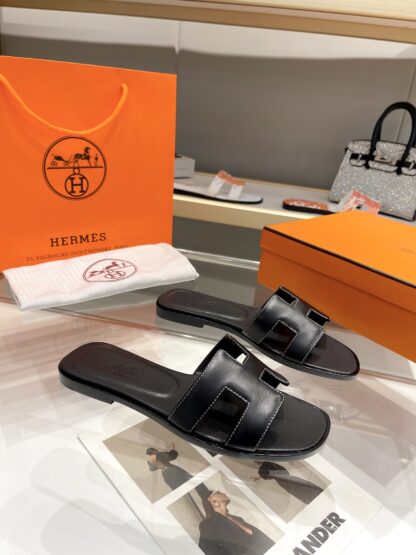 Hermès early spring new pure handmade black flat slippers