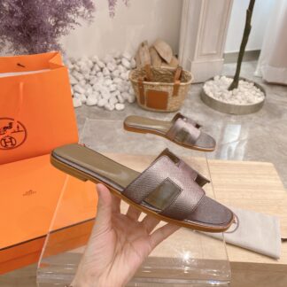 Hermès summer versatile classic gray gold palm pattern flat slippers