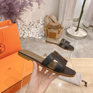 Hermès summer versatile classic black and brown palm pattern flat slippers