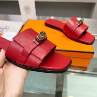 Hermès early spring new red pure handmade leather slippers