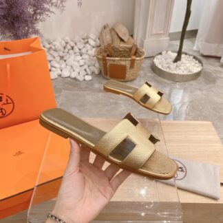 Hermès summer versatile classic gold palm pattern flat slippers