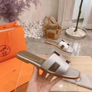 Hermès summer versatile classic silver palm pattern flat slippers