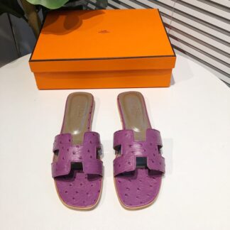 Hermès summer versatile purple crocodile pattern flat slippers