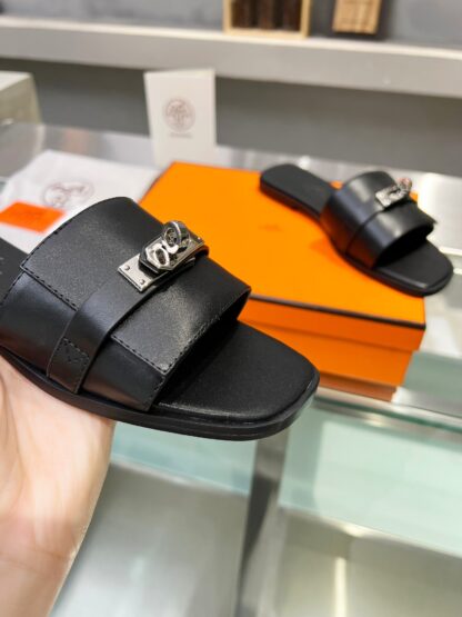 Hermès early spring new black handmade leather slippers