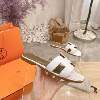Hermes Summer Classic Style Palm Print White Brown Flat Slippers